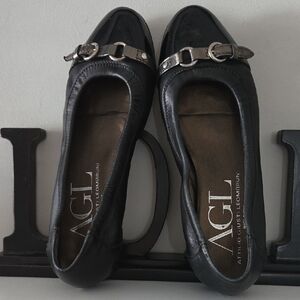 AGL Black Leather Flats with Silver Buckle 37